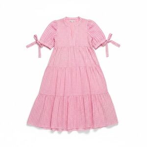 English Factory Pink Checkered Gingham Tiered Midi Dress Puff Sleeve Medium